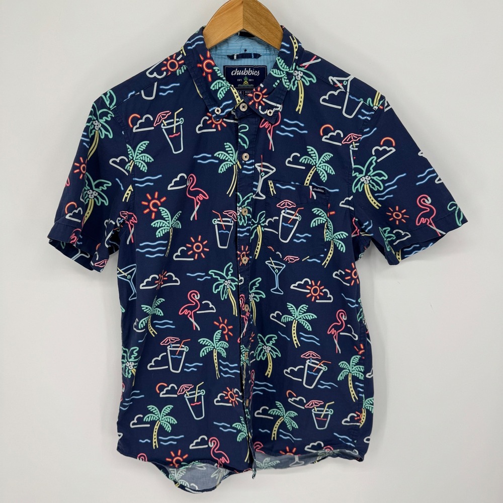 Chubbies Shirt Mens M Button Up Camp Neon Tropical Flamingo Blue Stretch Beach